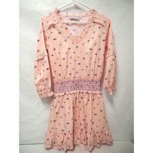 Ellor Womens Dress XS Pink Floral Smoked Waist 3/4 Sleeve V-Neck Ruffle Smocked
